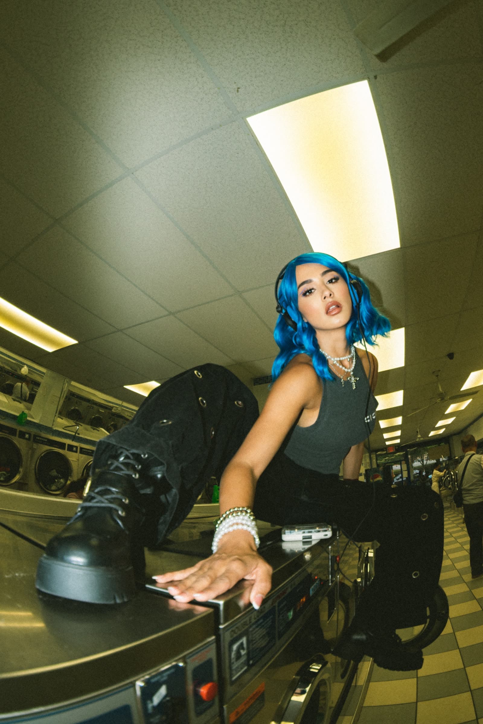 Blue hair laundromat fisheye